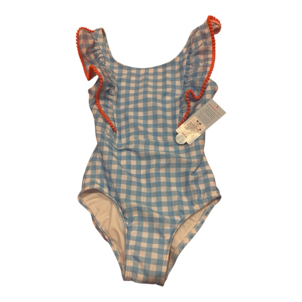 Blue Gingham Swimsuit with Orange Trim